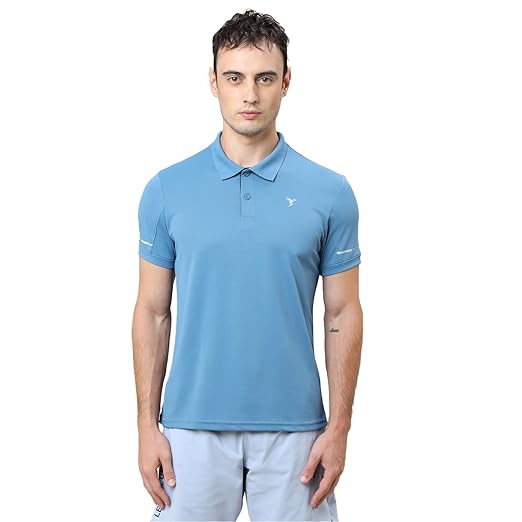 TECHNOSPORT Men's Polyester Regular Fit Polo Neck Half Sleeve Self Design T-Shirt with Quick Dry, Anti-Microbial Properties for Gym, Sports and Regular Use