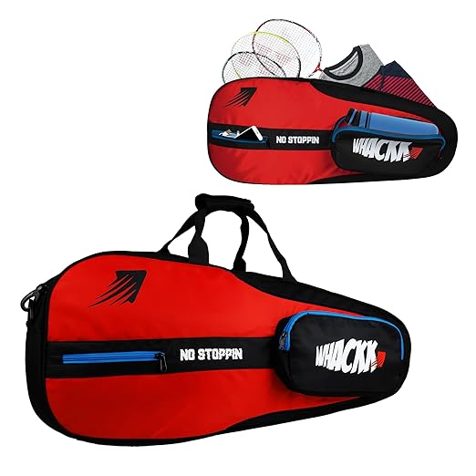 WHACKK Drive| Unisex Lightwieght Tennis Badminton Squash Equipment Cover Kit Bag Shoe Pocket | Air Ventilated Pocket for Wet Clothes | 4T 6B Racket | Backpack & Duffel (Red)