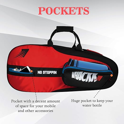 WHACKK Drive| Unisex Lightwieght Tennis Badminton Squash Equipment Cover Kit Bag Shoe Pocket | Air Ventilated Pocket for Wet Clothes | 4T 6B Racket | Backpack & Duffel (Red)