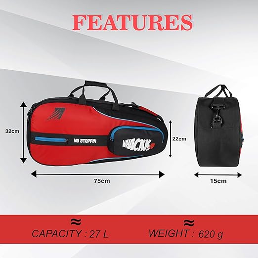 WHACKK Drive| Unisex Lightwieght Tennis Badminton Squash Equipment Cover Kit Bag Shoe Pocket | Air Ventilated Pocket for Wet Clothes | 4T 6B Racket | Backpack & Duffel (Red)