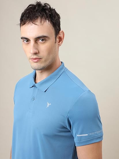 TECHNOSPORT Men's Polyester Regular Fit Polo Neck Half Sleeve Self Design T-Shirt with Quick Dry, Anti-Microbial Properties for Gym, Sports and Regular Use