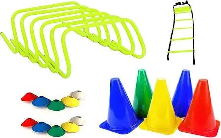 New Combo of Agility Ladder 4 m with 10 Rungs; 6 Marker Cones (6-inch), Multicolour Saucer Cones Set of 20 and Agility Hurdles 6 inch 6 pcs